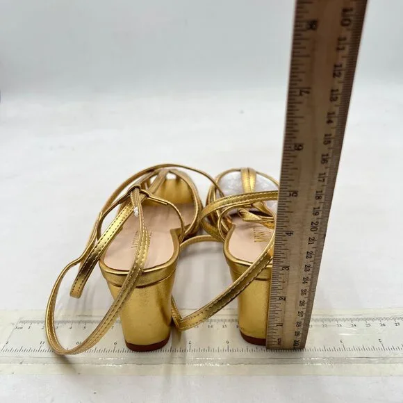 miss left Gold Caged Toe Chunky Mid Heel Cutout Sandals Strappy Ankle Strap Shoe - Picture 5 of 8